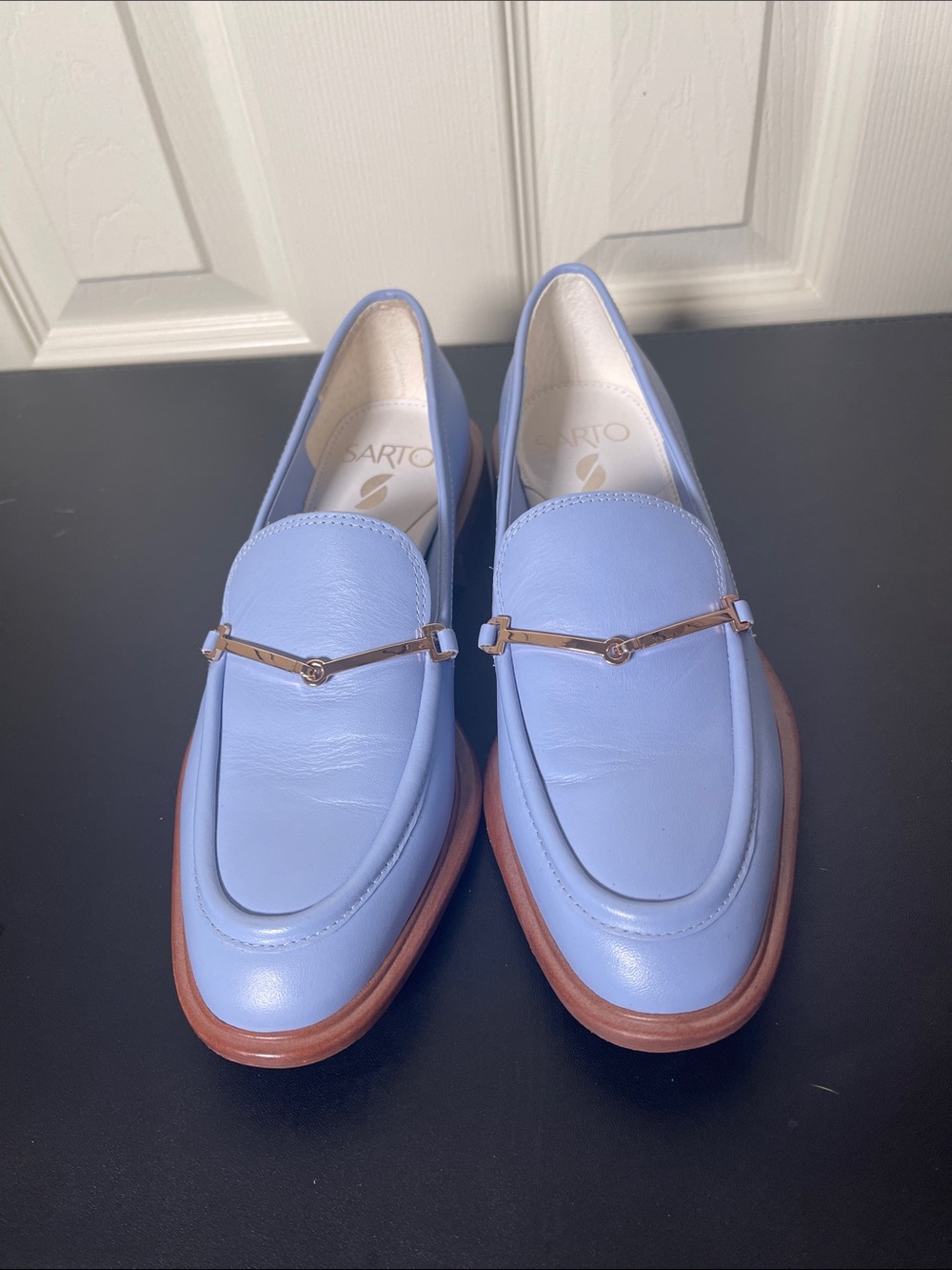 SARTO By Franco Sarto Powder Blue Leather Loafers with Gold Bit - Picture 2 of 10